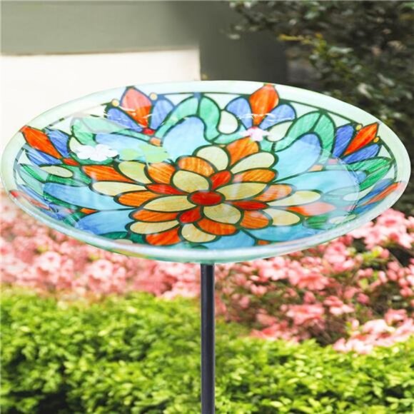 Bird Baths for Outdoors, Glass Birdbath Birdfeeder Bowl with Metal Stake - Picture 5 of 7